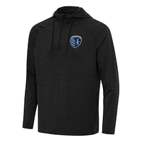 Men's Antigua Heather Black Sporting Kansas City Spikes Raglan Quarter-Zip Hoodie