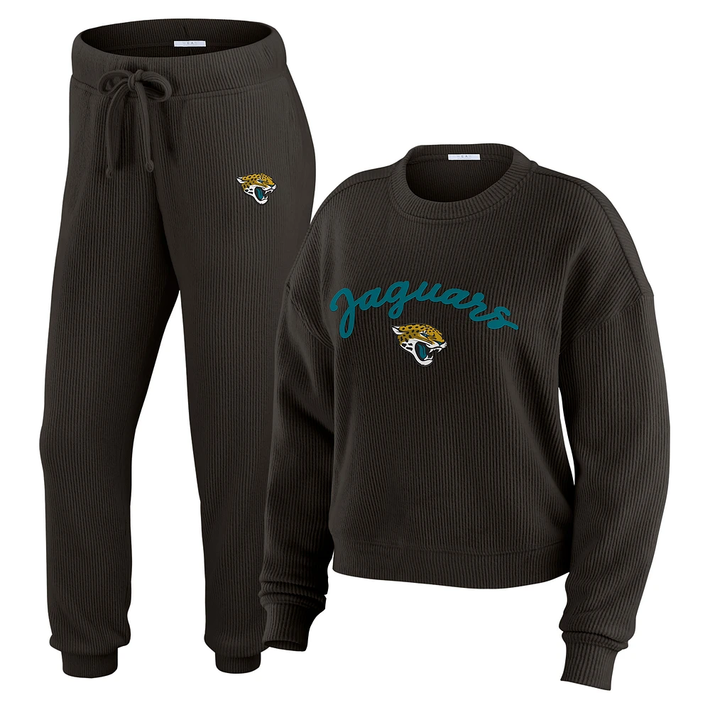 Women's WEAR by Erin Andrews  Cream Jacksonville Jaguars Plus Knitted Tri-Blend Long Sleeve T-Shirt & Pants Lounge Set