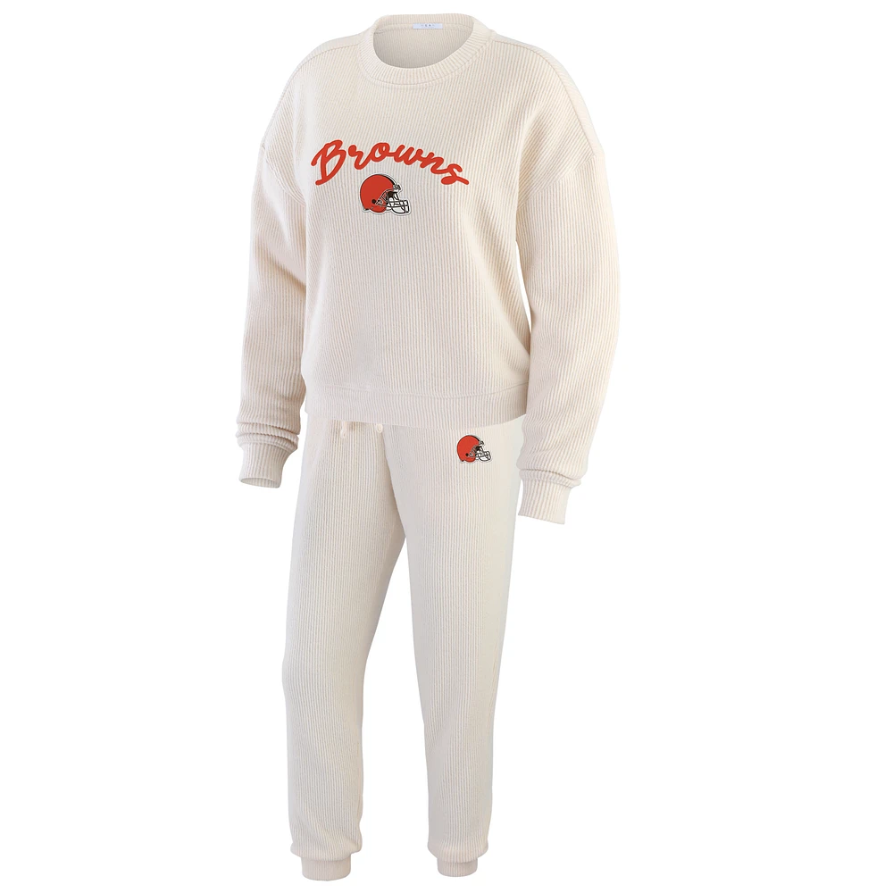 Women's WEAR by Erin Andrews  Cream Cleveland Browns Plus Knitted Tri-Blend Long Sleeve T-Shirt & Pants Lounge Set