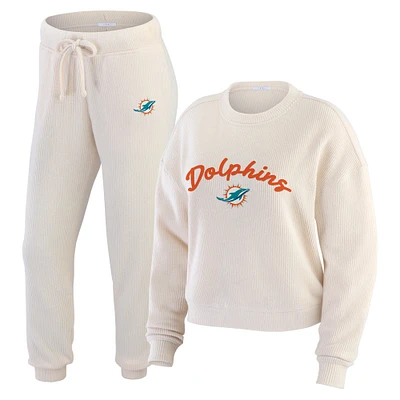 Women's WEAR by Erin Andrews  Cream Miami Dolphins Plus Size Knitted Tri-Blend Long Sleeve T-Shirt & Pants Lounge Set