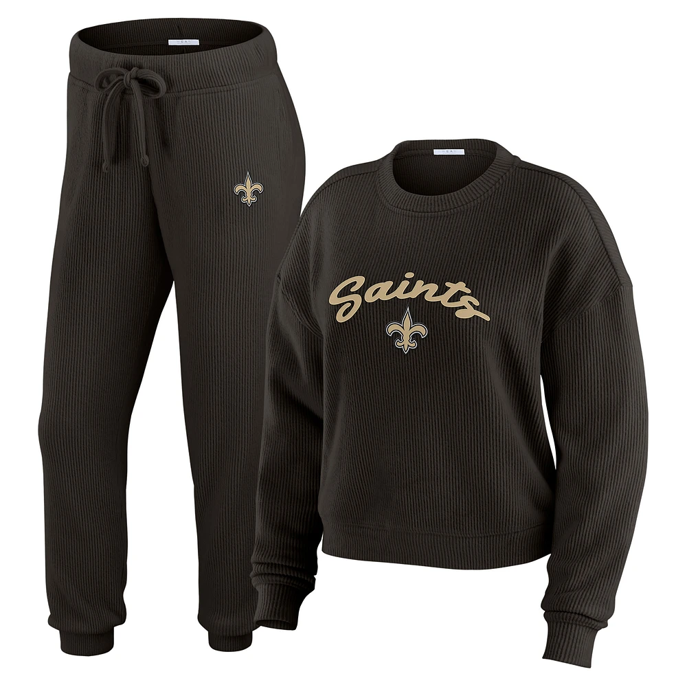 Women's WEAR by Erin Andrews  Cream New Orleans Saints Plus Knitted Tri-Blend Long Sleeve T-Shirt & Pants Lounge Set