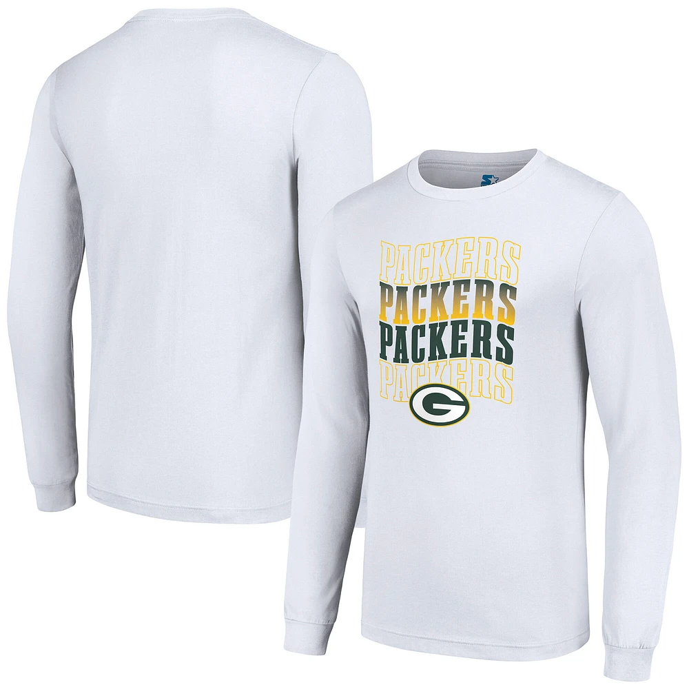 Men's Starter White Green Bay Packers Team Name Graphic Long Sleeve T-Shirt