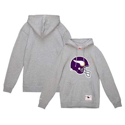 Men's Mitchell & Ness Heather Gray Minnesota Vikings Helmet Logo Vintage Pullover Hoodie