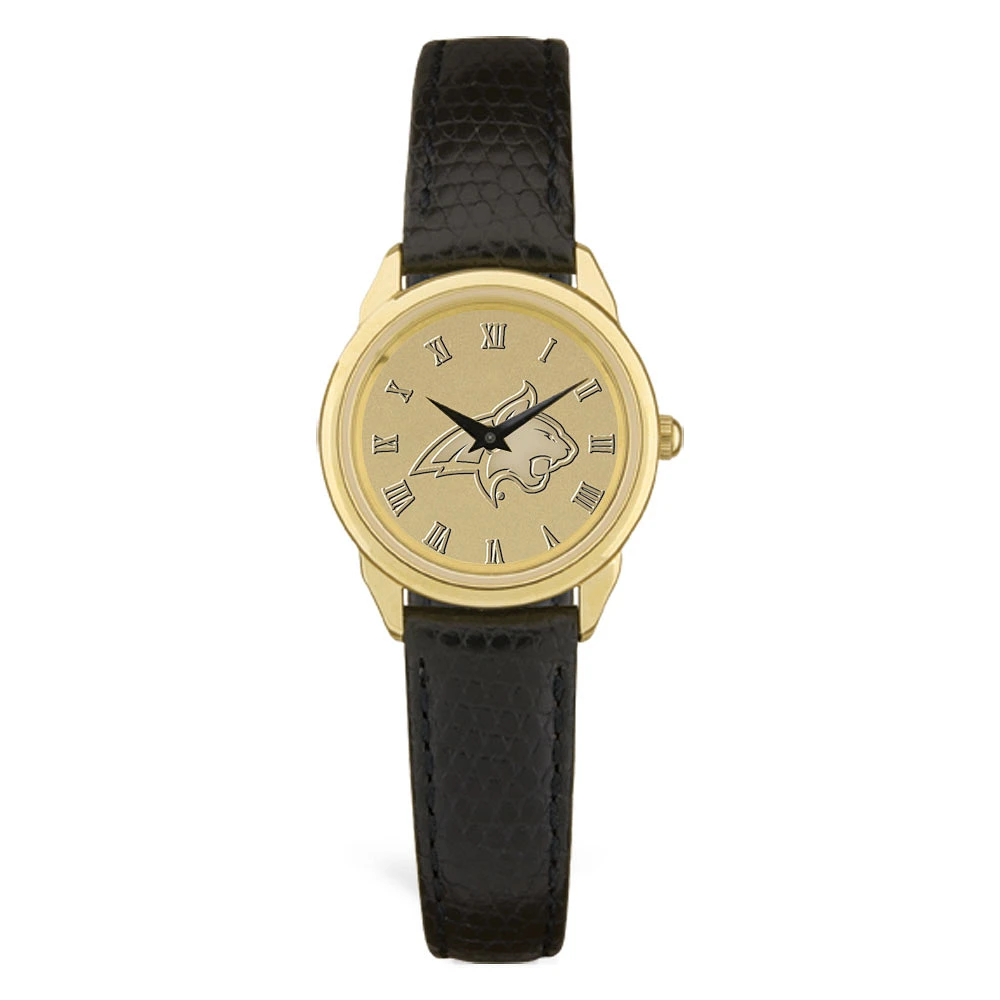 Women's Montana State Bobcats Gold Medallion Black Leather Wristwatch