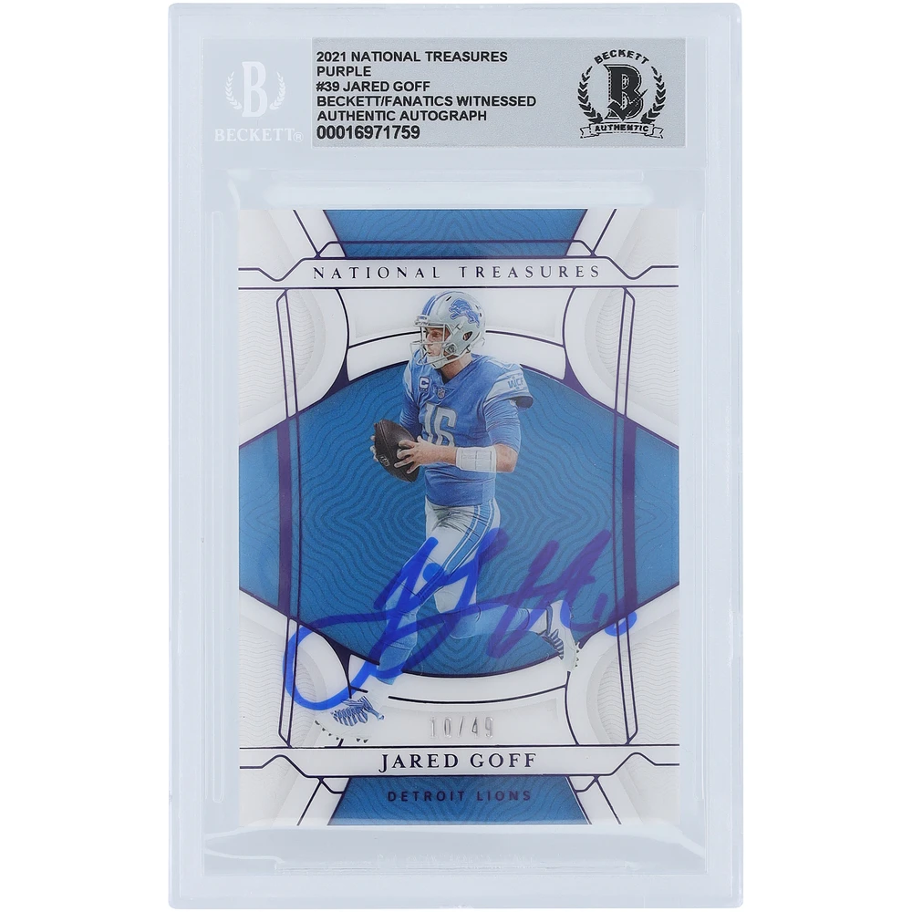 Jared Goff Detroit Lions Autographed 2021 Panini National Treasures Purple #39 #/49 Beckett Fanatics Witnessed Authenticated 10 Card