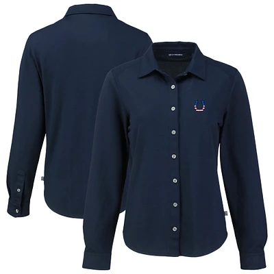 Women's Cutter & Buck Navy Indianapolis Colts Americana Advantage Eco Soft Pique Tri-Blend Long Sleeve Button-Up Shirt