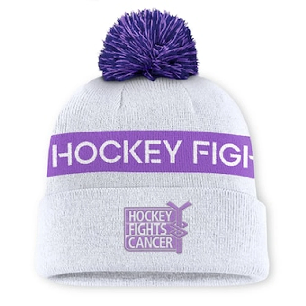 Men's Fanatics White NHL-Logo Hockey Fights Cancer Cuffed Knit Hat with Pom