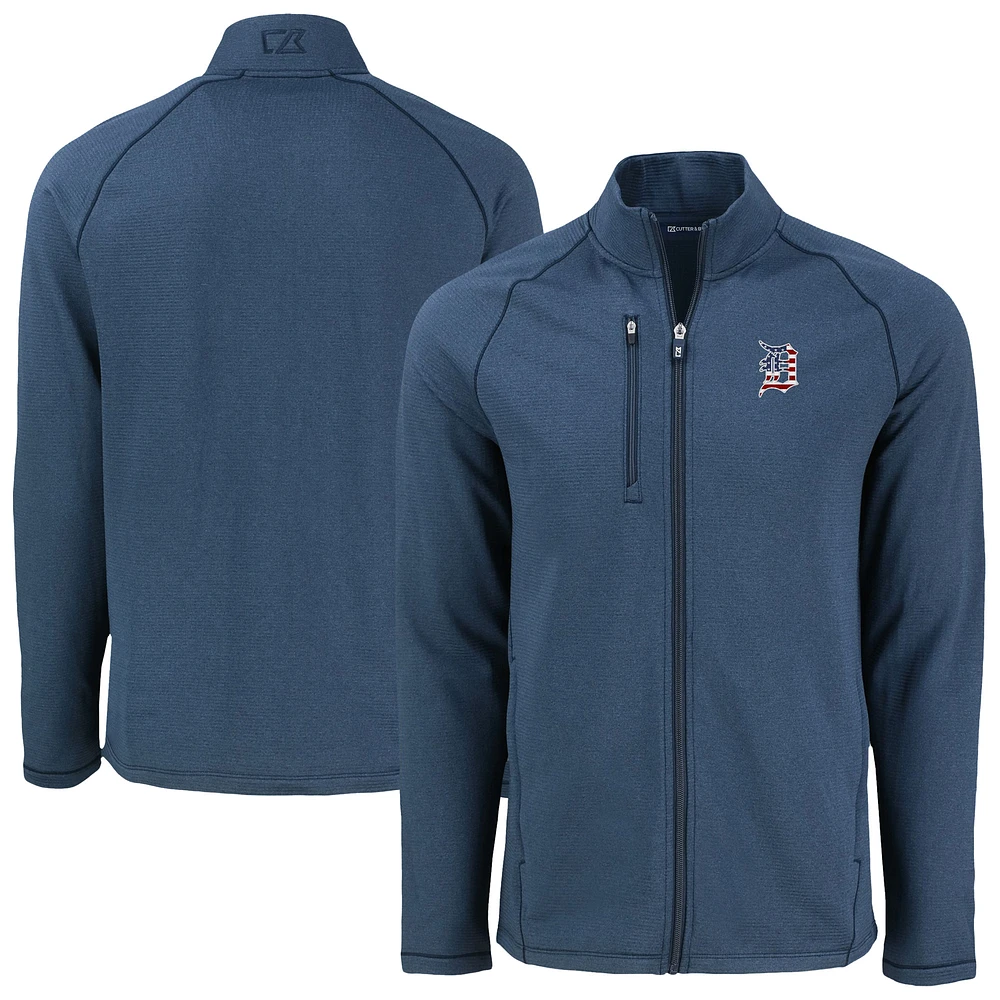 Men's Cutter & Buck Heather Navy Detroit Tigers Peshastin Eco Fleece Recycled Raglan Full-Zip Jacket