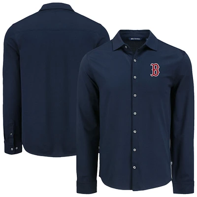 Men's Cutter & Buck Navy Boston Red Sox Knitted Advantage Tri-Blend Eco Soft Pique Long Sleeve Button-Up Shirt
