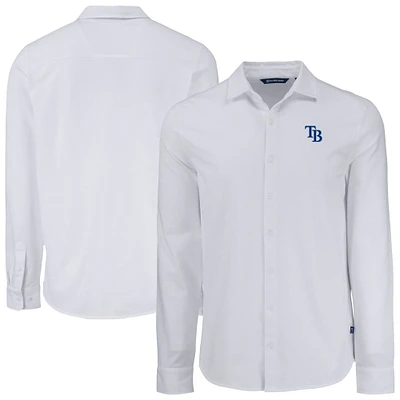 Men's Cutter & Buck Tampa Bay Rays Knitted Advantage Tri-Blend Eco Soft Pique Long Sleeve Button-Up Shirt