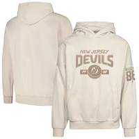 Men's Levelwear Jack Hughes Khaki New Jersey Devils Oversized Contact Name & Number Pullover Hoodie