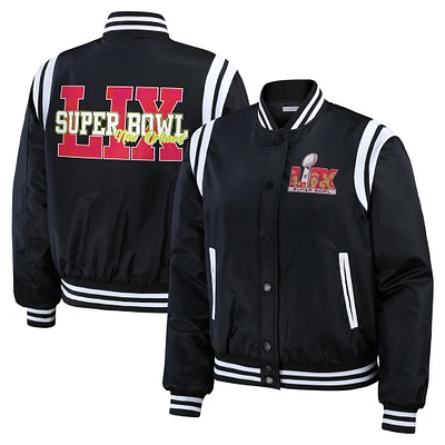 Women's WEAR by Erin Andrews Black Super Bowl LIX Varsity Bomber Jacket