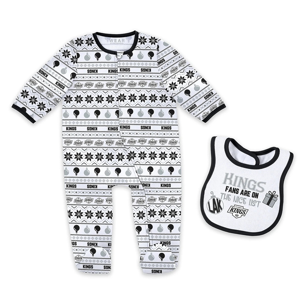 Newborn WEAR by Erin Andrews Los Angeles Kings Allover Print Full-Zip Sleeper & Bib Christmas Set