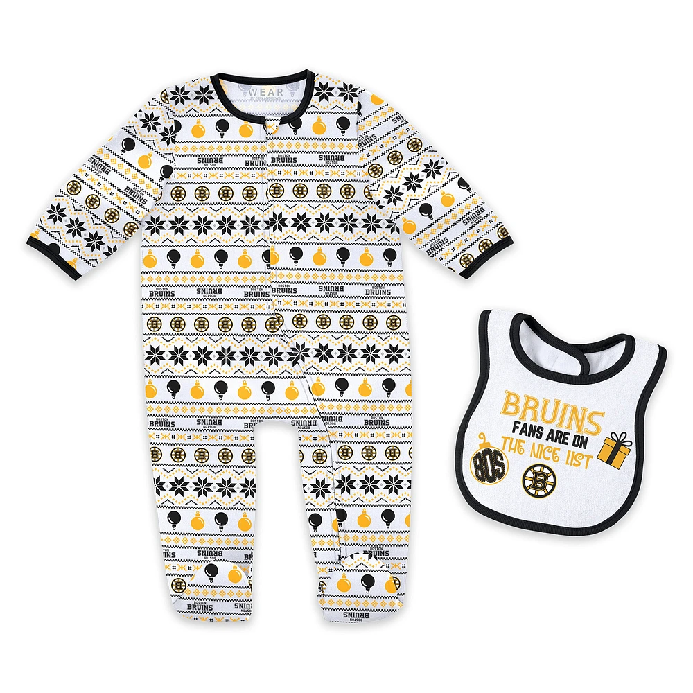 Newborn WEAR by Erin Andrews Boston Bruins Allover Print Full-Zip Sleeper & Bib Christmas Set