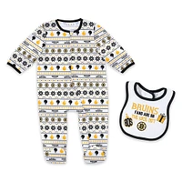 Newborn WEAR by Erin Andrews Boston Bruins Allover Print Full-Zip Sleeper & Bib Christmas Set