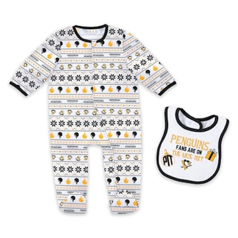 Newborn WEAR by Erin Andrews Pittsburgh Penguins Allover Print Full-Zip Sleeper & Bib Christmas Set