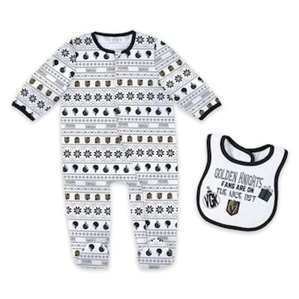 Newborn WEAR by Erin Andrews Vegas Golden Knights Allover Print Full-Zip Sleeper & Bib Christmas Set