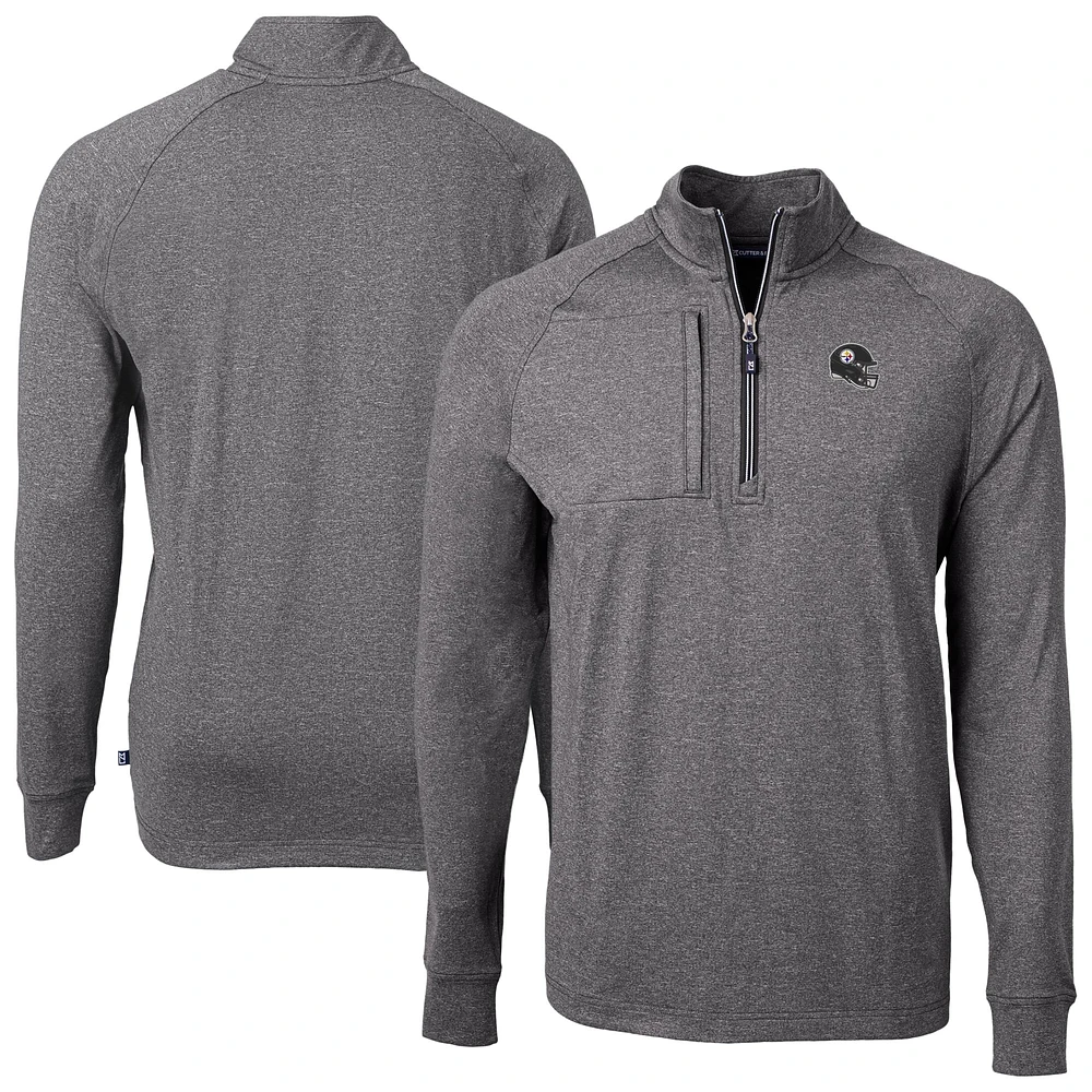 Men's Cutter & Buck Heather Black Pittsburgh Steelers Big Tall Adapt Eco Raglan Quarter-Zip Jacket