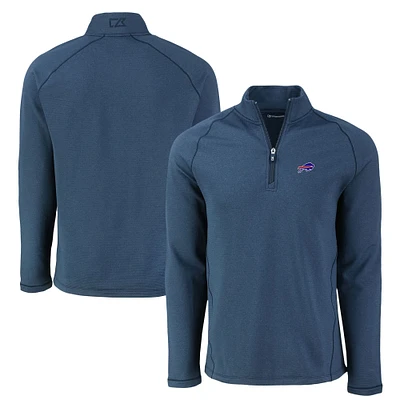 Men's Cutter & Buck  Heather Navy Buffalo Bills Peshastin Eco Fleece Tri-Blend Raglan Recycled Quarter-Zip Jacket