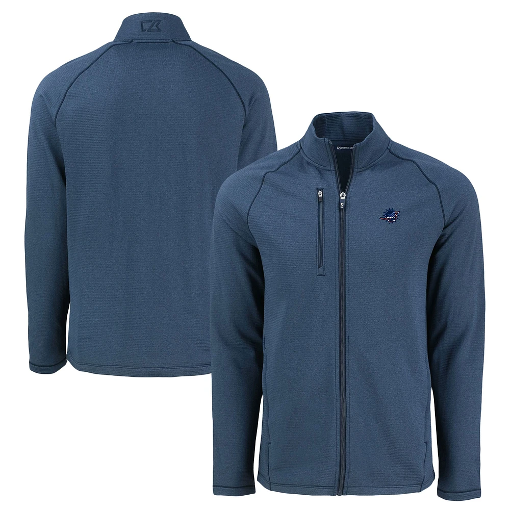 Men's Cutter & Buck Heather Navy Miami Dolphins Peshastin Eco Fleece Recycled Raglan Tri-Blend Full-Zip Jacket