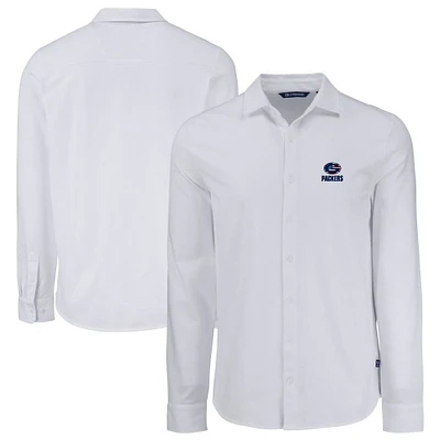 Men's Cutter & Buck White Green Bay Packers Knitted Advantage Tri-Blend Eco Soft Pique Long Sleeve Button-Up Shirt
