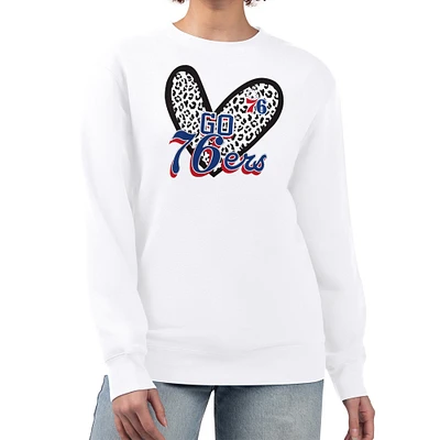 Women's G-III 4Her by Carl Banks  White Philadelphia 76ers Leopard Heart Fleece Pullover Sweatshirt