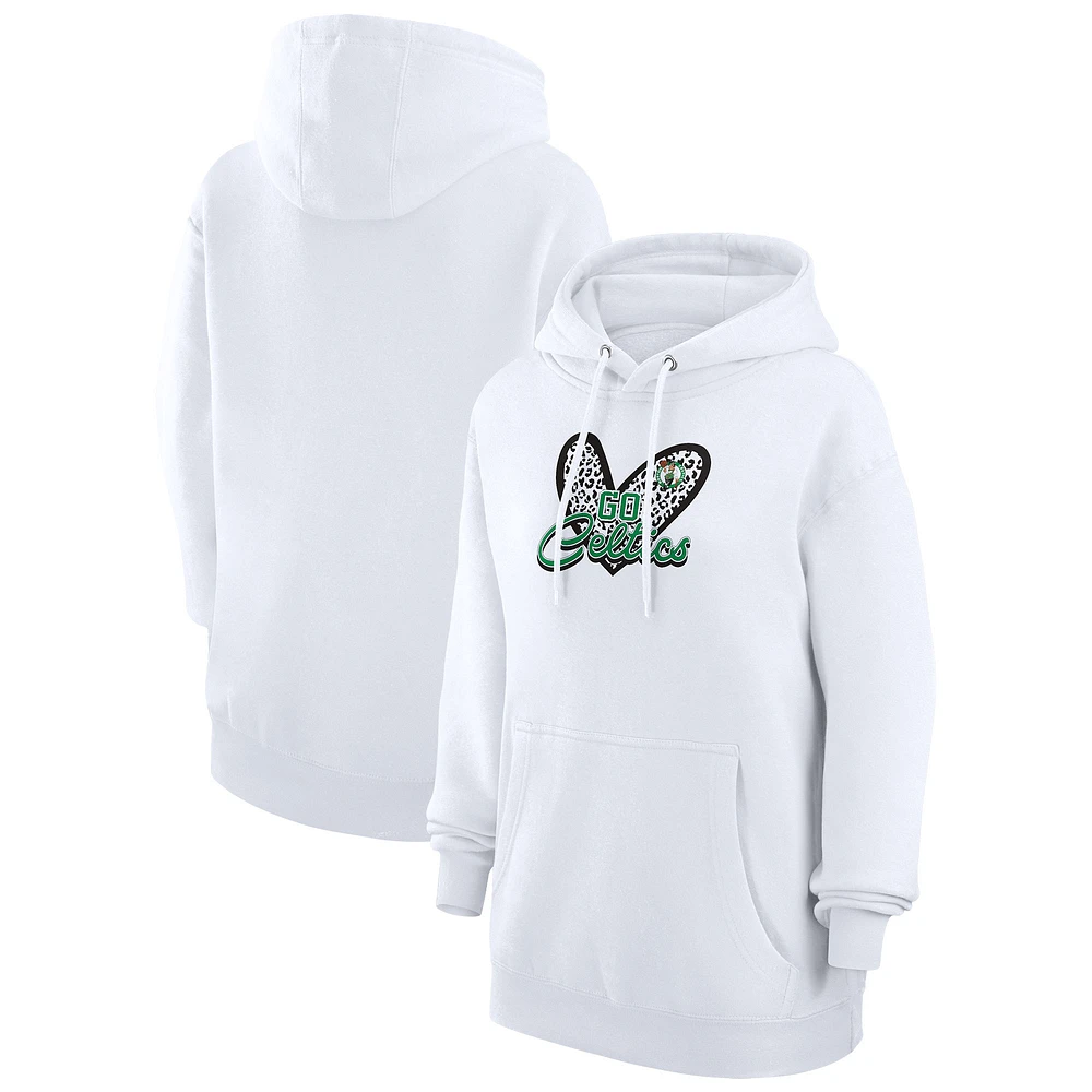 Women's G-III 4Her by Carl Banks White Boston Celtics Leopard Heart Graphic Fleece Pullover Hoodie