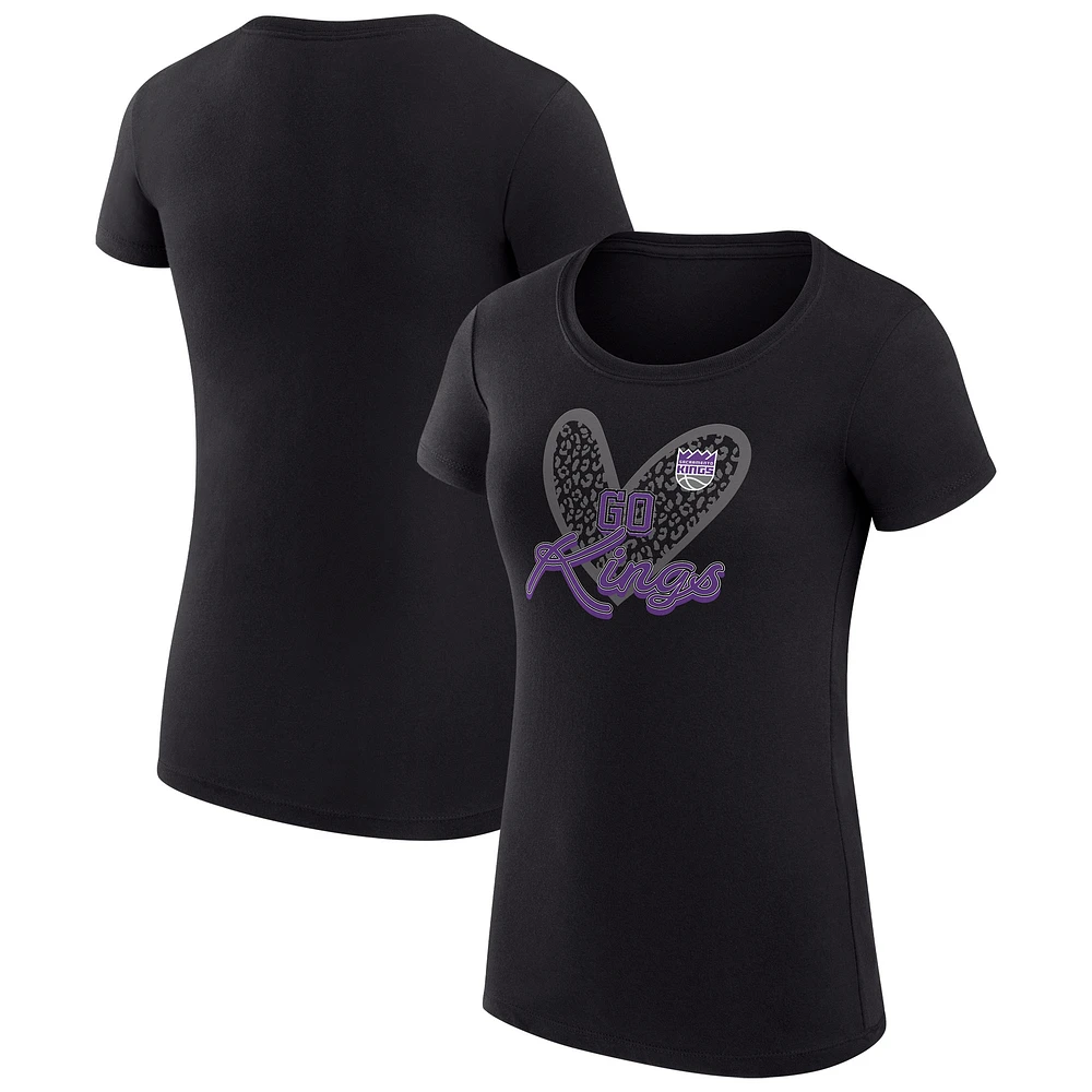 Women's G-III 4Her by Carl Banks Black Sacramento Kings Leopard Heart Fitted T-Shirt