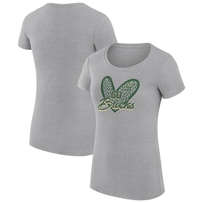 Women's G-III 4Her by Carl Banks  Heather Gray Milwaukee Bucks Leopard Heart Fitted T-Shirt
