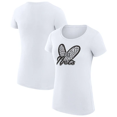 Women's G-III 4Her by Carl Banks  White Brooklyn Nets Leopard Heart Fitted T-Shirt