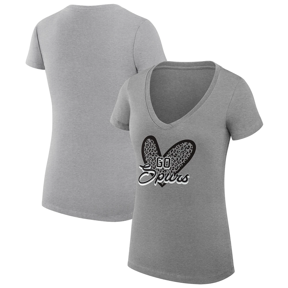 Women's G-III 4Her by Carl Banks Heather Gray San Antonio Spurs Leopard Heart Fitted V-Neck T-Shirt