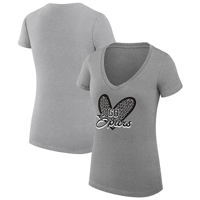 Women's G-III 4Her by Carl Banks  Heather Gray San Antonio Spurs Leopard Heart Fitted V-Neck T-Shirt