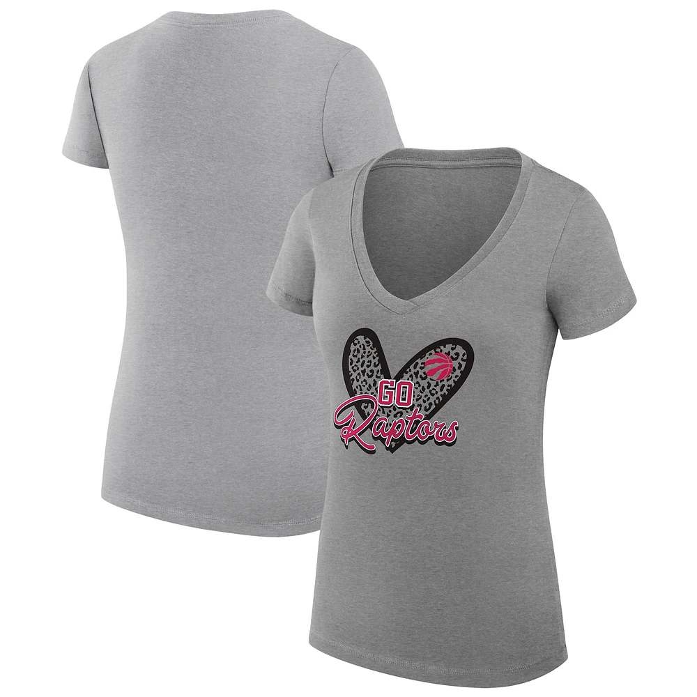 Women's G-III 4Her by Carl Banks Heather Gray Toronto Raptors Leopard Heart Fitted V-Neck T-Shirt