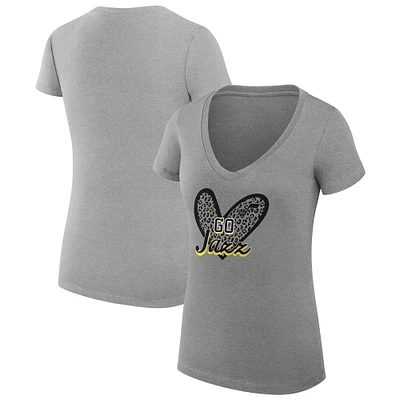 Women's G-III 4Her by Carl Banks  Heather Gray Utah Jazz Leopard Heart Fitted V-Neck T-Shirt