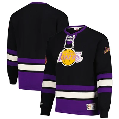 Men's Mitchell & Ness Black Los Angeles Lakers Hardwood Classics Heritage Lace-Up Hockey Vintage Pullover Sweatshirt