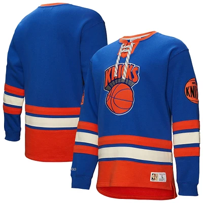 Men's Mitchell & Ness Blue New York Knicks Hardwood Classics Heritage Lace-Up Pullover Sweatshirt