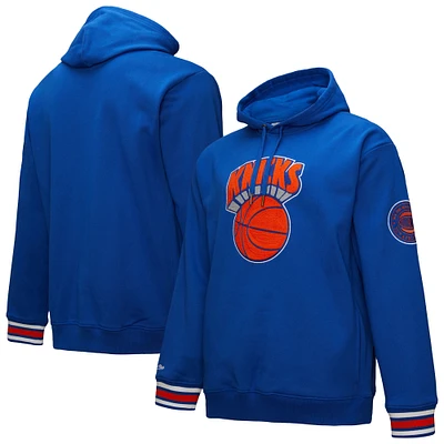 Men's Mitchell & Ness Blue New York Knicks Chainstitch Applique Vintage Heavyweight Pullover Hoodie