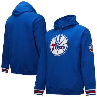 Men's Mitchell & Ness Royal Philadelphia 76ers Chainstitch Applique Vintage Heavyweight Pullover Hoodie