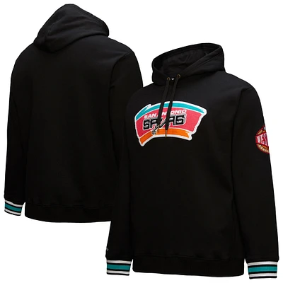 Men's Mitchell & Ness Black San Antonio Spurs Chainstitch Applique Vintage Heavyweight Pullover Hoodie