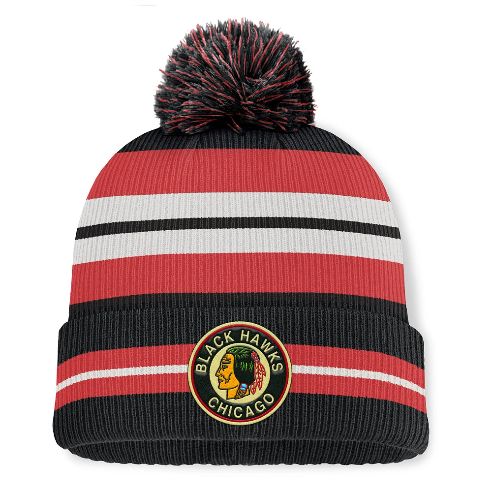 Men's Fanatics Black/Cream Chicago Blackhawks Decades Collection Cuffed Knit Hat with Pom