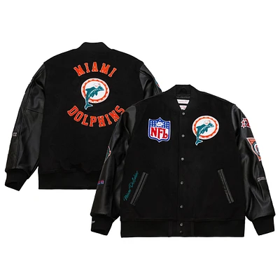 Men's Mitchell & Ness  Black Miami Dolphins Blackout Collection Vintage Logo Full-Snap Varsity Jacket