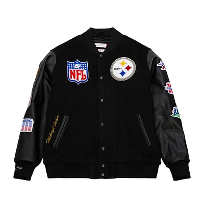 Men's Mitchell & Ness  Black Pittsburgh Steelers Blackout Collection Vintage Logo Full-Snap Varsity Jacket