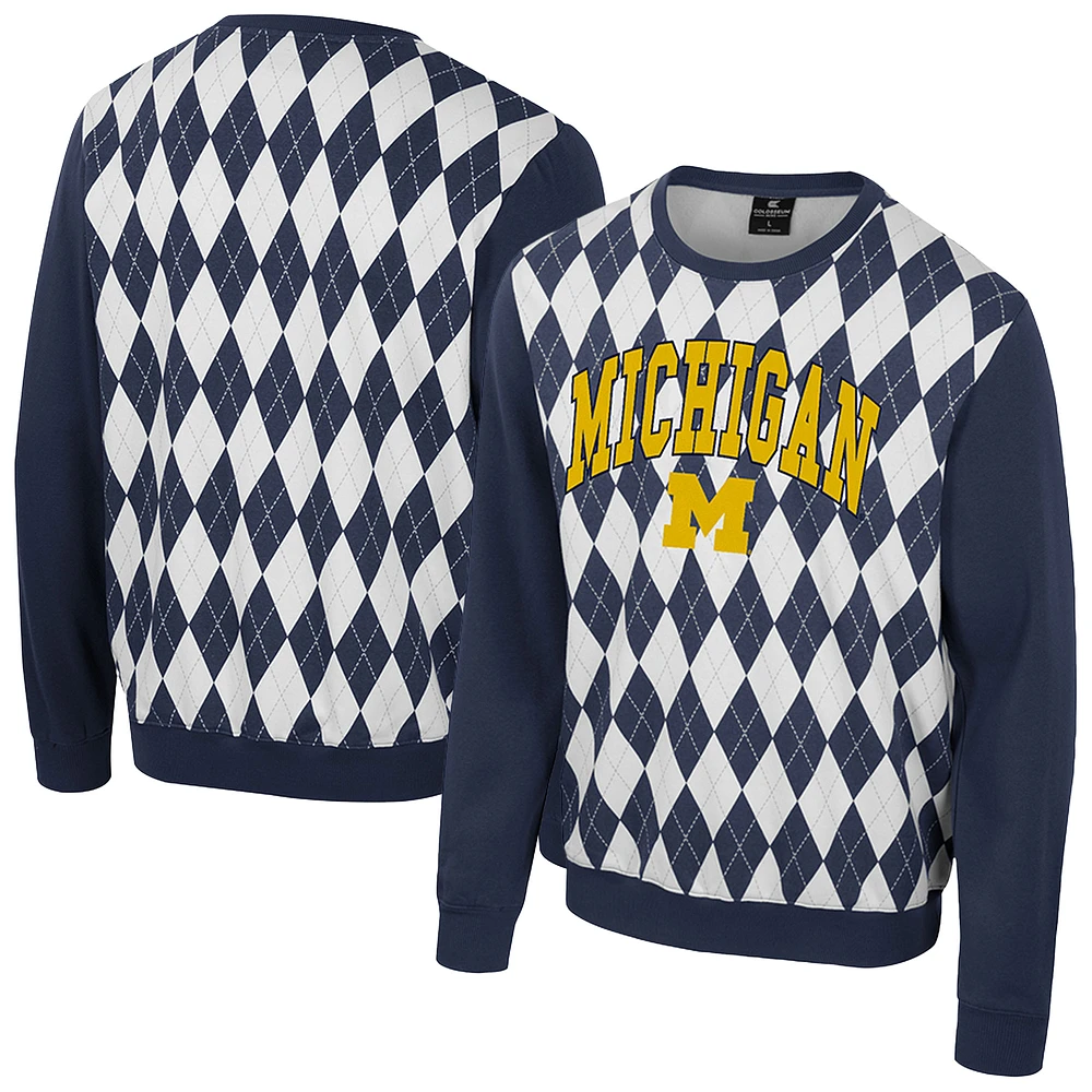 Men's Colosseum Navy Michigan Wolverines The Dealio Argyle Pullover Sweatshirt