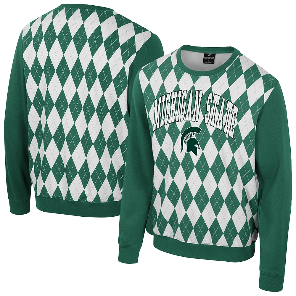 Men's Colosseum Green Michigan State Spartans The Dealio Argyle Pullover Sweatshirt