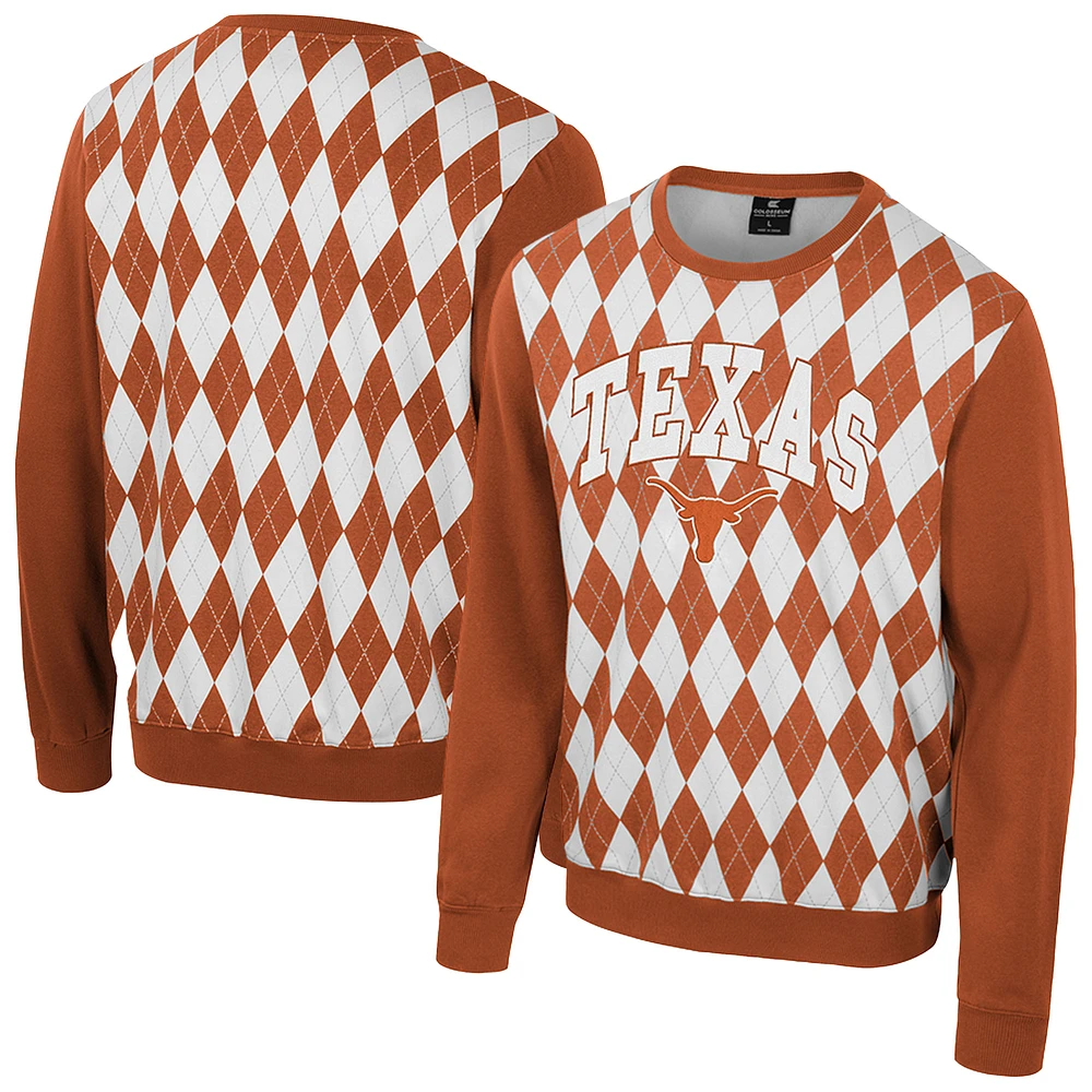 Men's Colosseum Burnt Orange Texas Longhorns The Dealio Argyle Pullover Sweatshirt