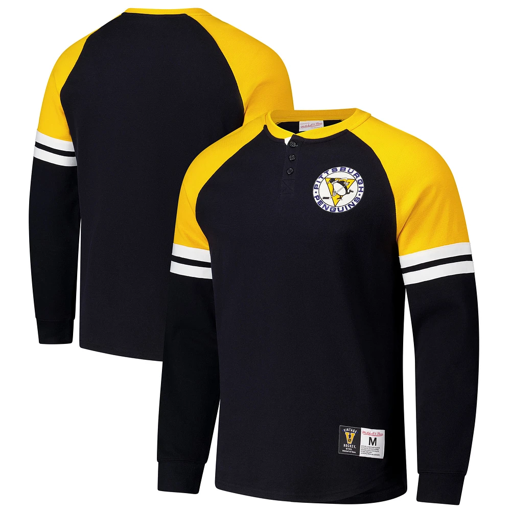 Men's Mitchell & Ness  Black Pittsburgh Penguins Thermal Henley Long Sleeve T-Shirt