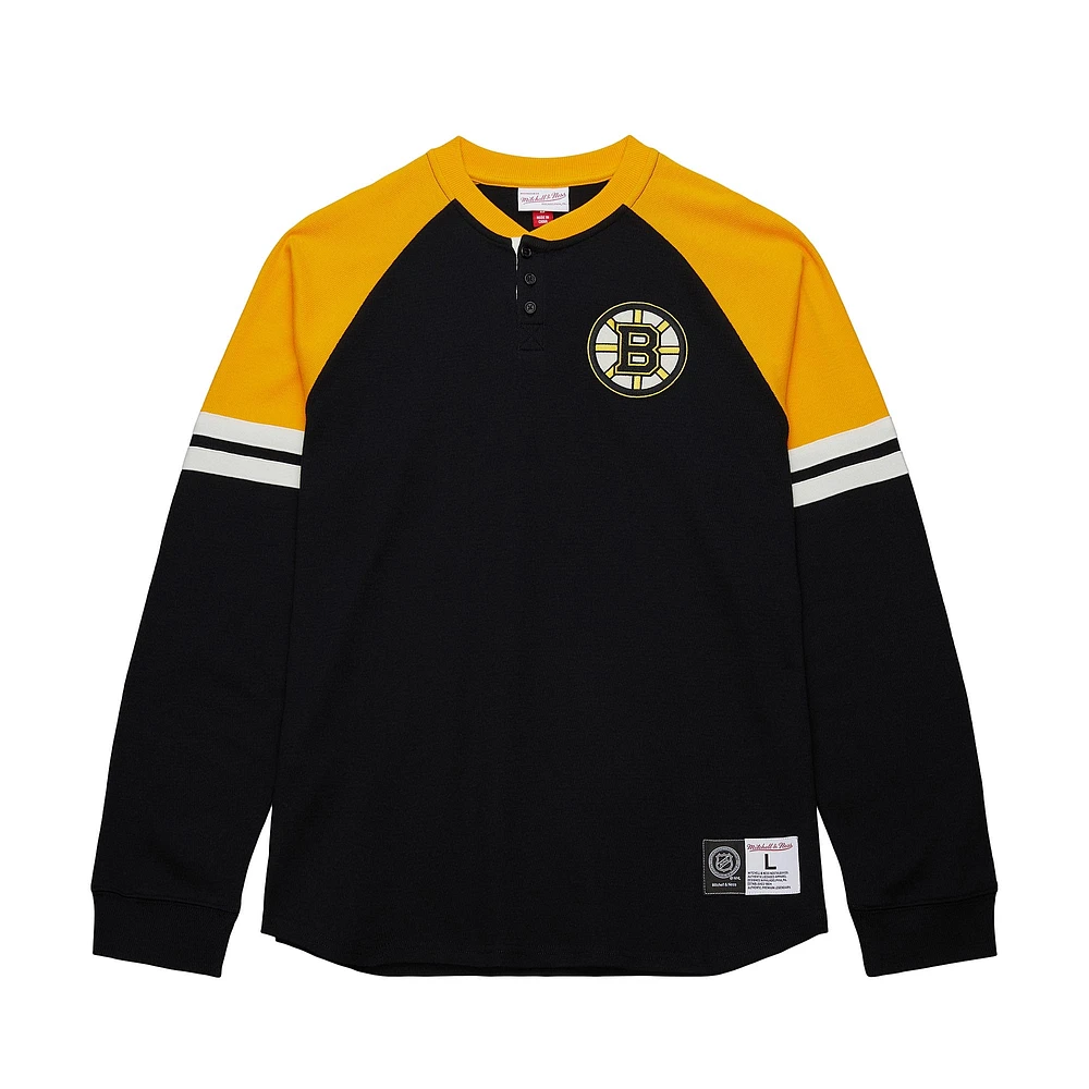 Men's Mitchell & Ness  Black Boston Bruins Thermal Henley Long Sleeve T-Shirt