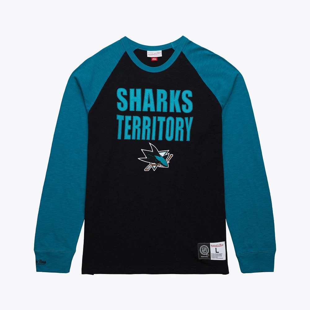 Men's Mitchell & Ness  Black/Teal San Jose Sharks Legendary Slub Raglan Long Sleeve T-Shirt