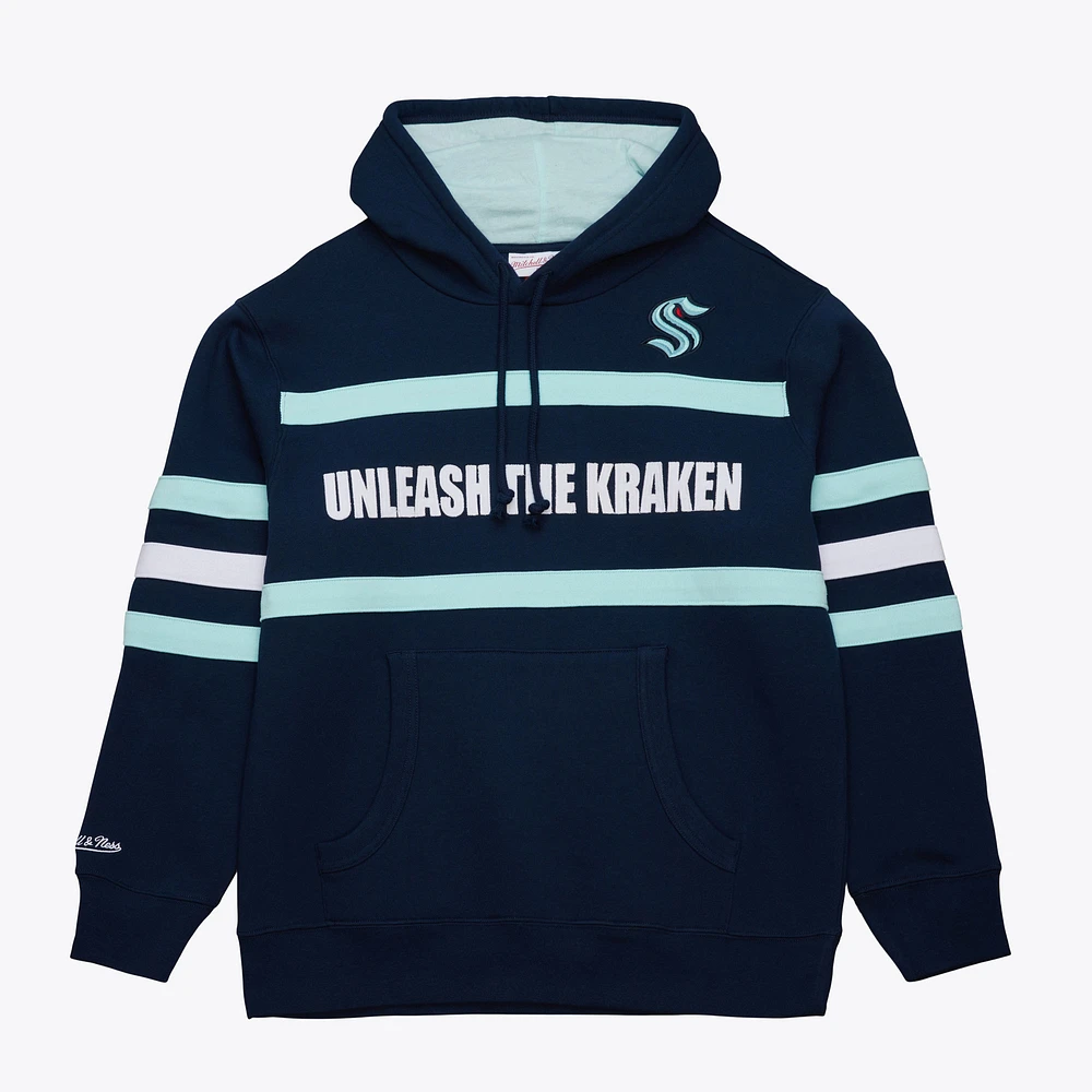 Men's Mitchell & Ness Deep Sea Blue Seattle Kraken Head Coach Slogan Pullover Hoodie