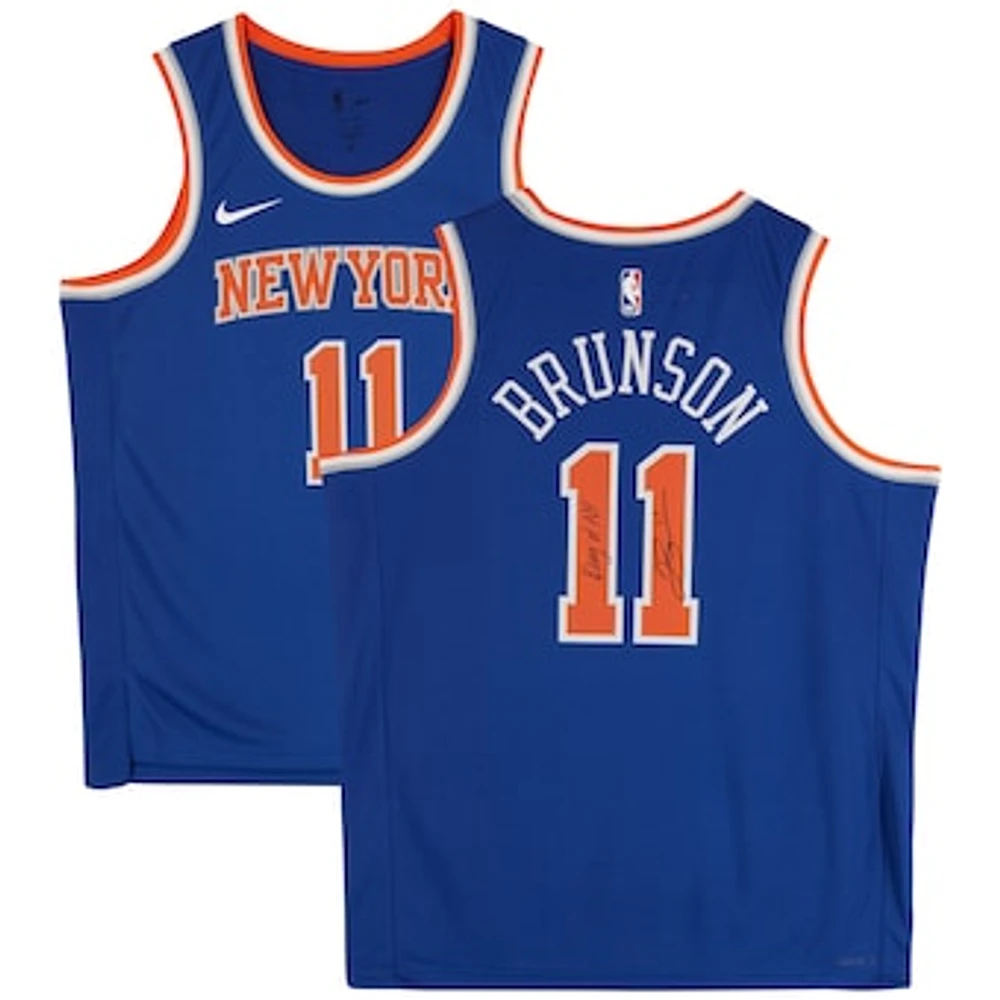 Jalen Brunson New York Knicks Autographed Nike Blue Icon Swingman Jersey with "King of NY" Inscription